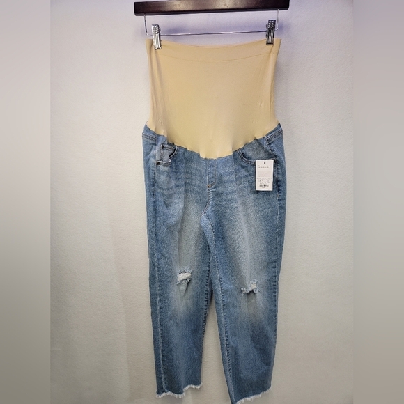 a:glow Maternity Girlfriend Capri Crop Denim Jeans Womens Size Large - Picture 2 of 11